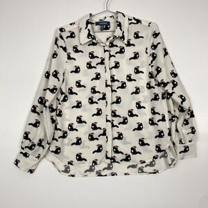ModCloth‎ Shirt Womens Medium White Cat Christmas Button Front Long Sleeve Top